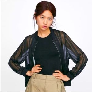 Zara Sheer Multi Stripe Organza Bomber Jacket Front Zip Ribbed Neck & Cuffs